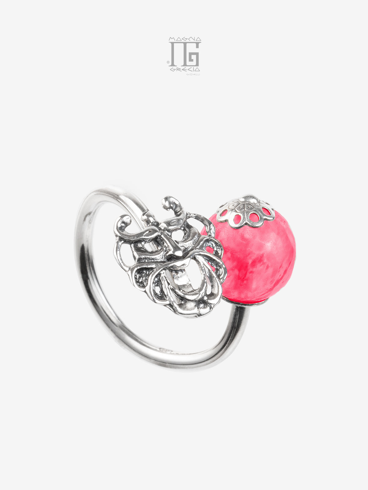 Anello "Armonia" in Argento con Maschera Apotropaica e Agata fucsia Cod. MGK 3892 V