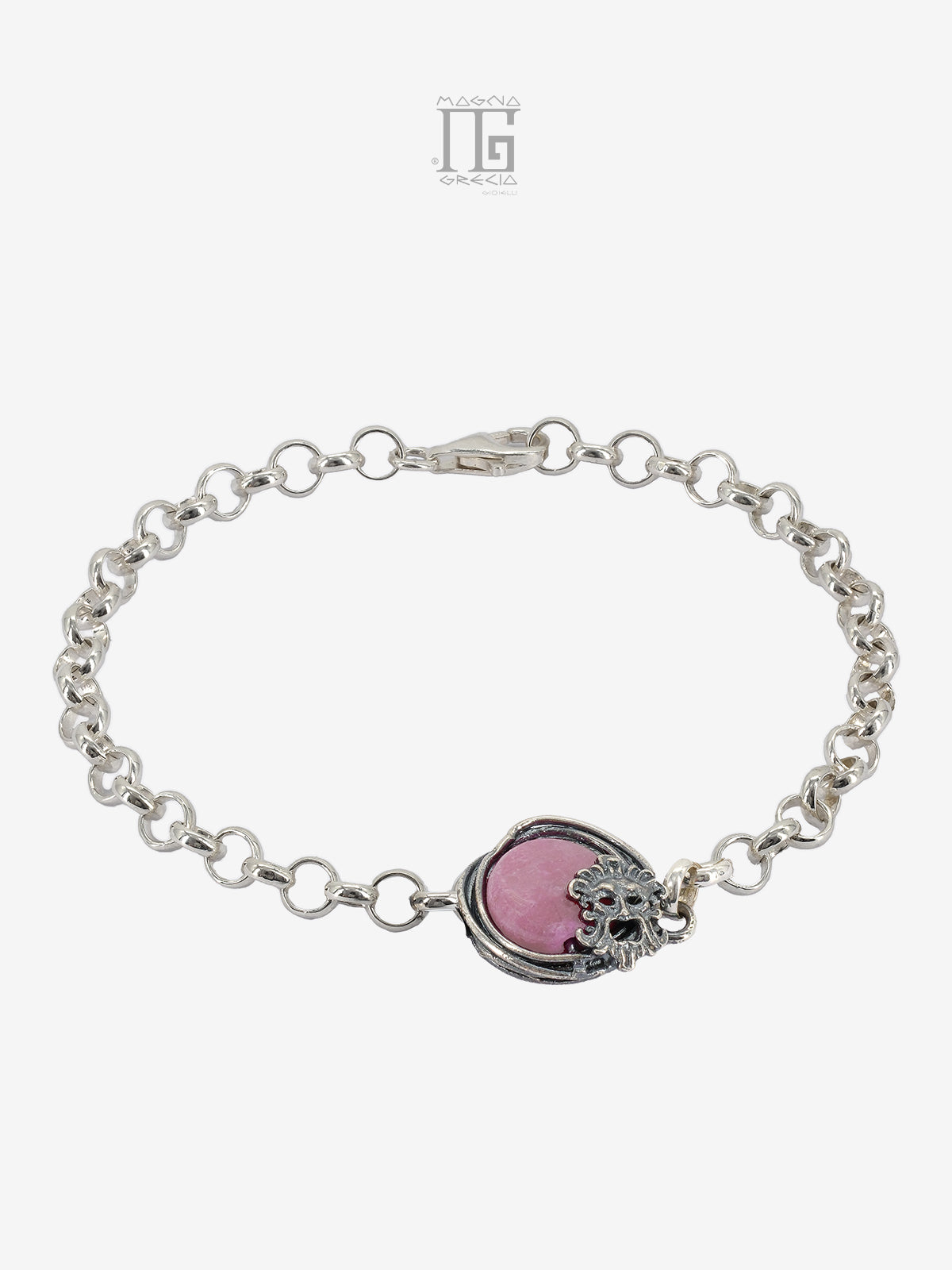 Bracciale Aion in argento 925 con pietra fucsia, filo intrecciato e maschera apotropaica