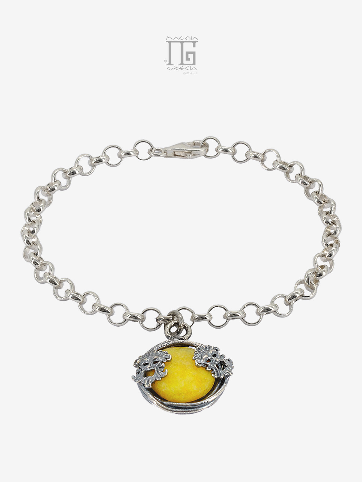 Bracciale Aion in argento 925 con pietra gialla, filo intrecciato e maschere apotropaiche.