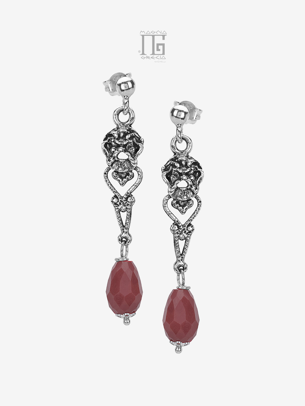 Orecchini Magna Grecia® in argento 925 con maschera apotropaica e giada rubellite pendente artigianali