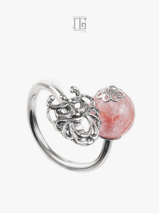 Anello "Armonia" in Argento con Maschera Apotropaica e Ossidiana Nobile Rosa Cod. MGK 3892 V