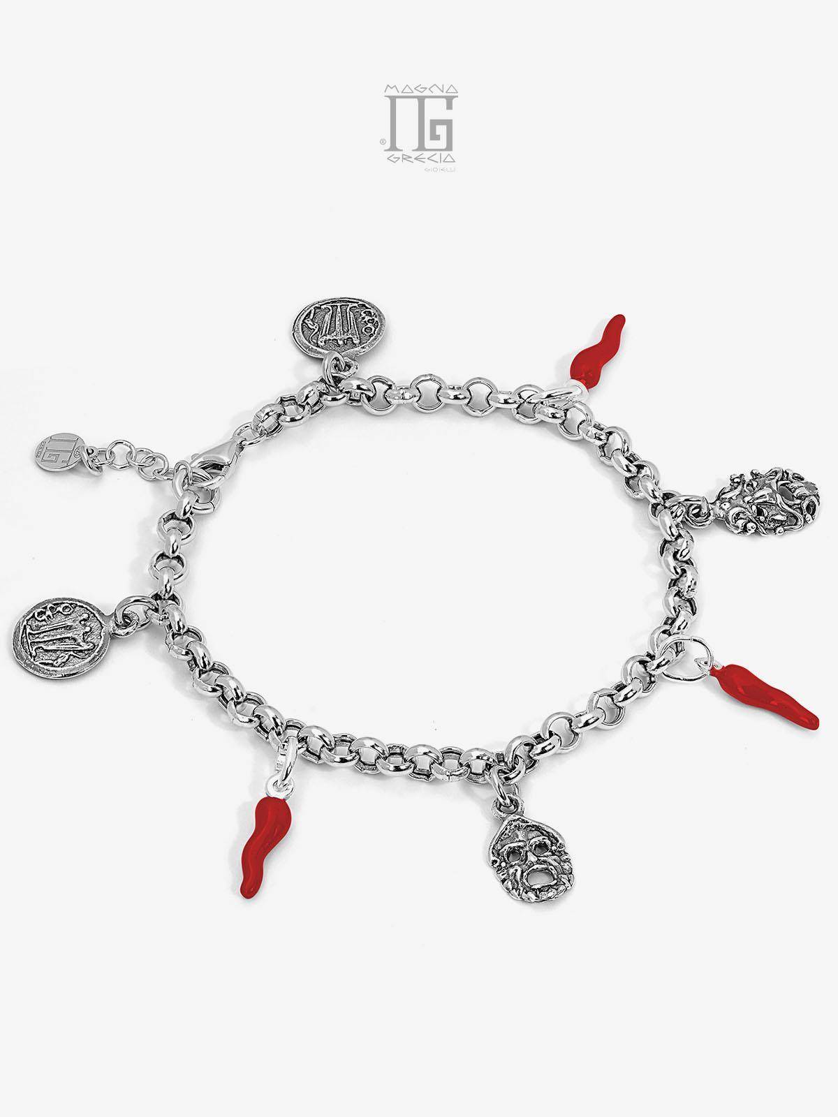 Bracciale in Argento con Maschere Apotropaiche, Statere e Corni Portafortuna Cod. MGK 4037 V