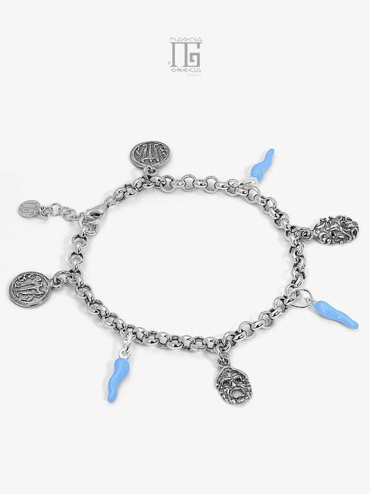 Bracciale in Argento con Maschere Apotropaiche, Statere e Corni Portafortuna Cod. MGK 4039 V