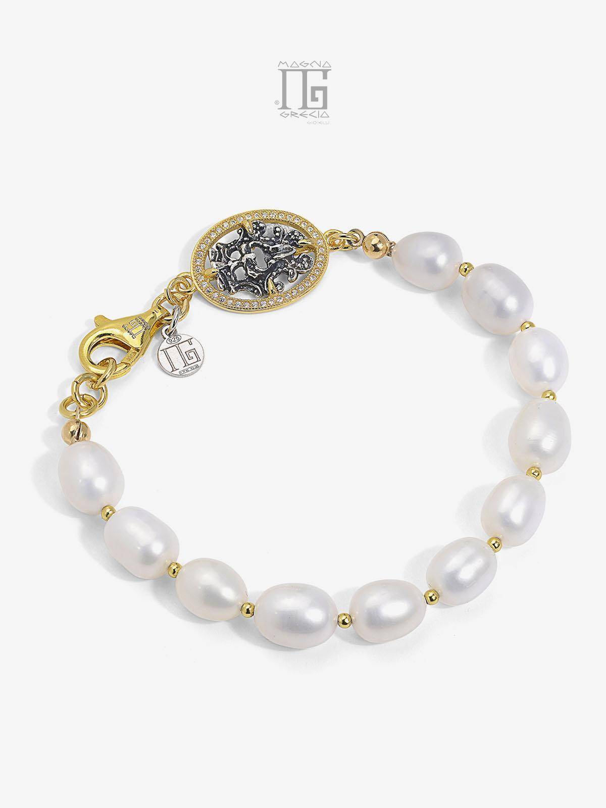 Bracciale in Perle naturali d'acqua dolce, Maschera Apotropaica e Zirconi Cod. MGK 4079 V