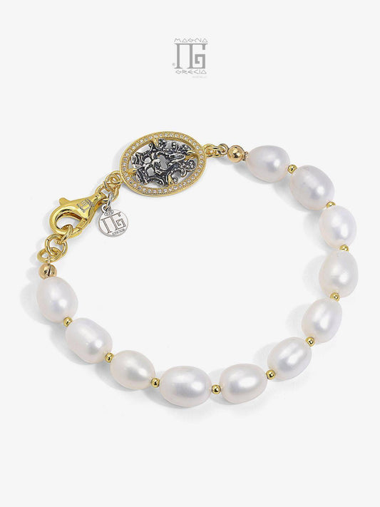 Bracciale in Perle naturali d'acqua dolce, Maschera Apotropaica e Zirconi Cod. MGK 4079 V