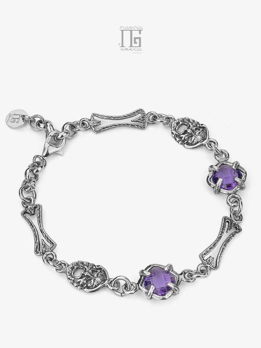 Bracciale in Argento con Maschere Apotropaiche e Pietre Idrotermali Colore Ametista Viola Cod. MGK 4110 V