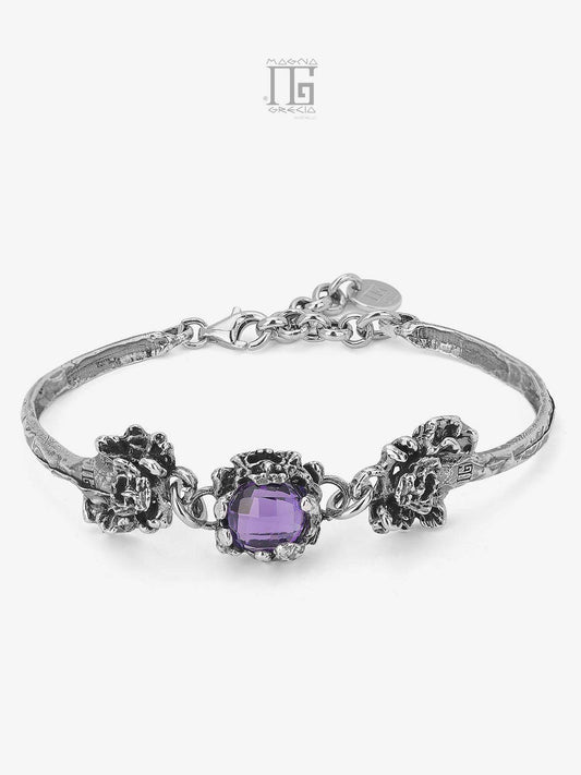 Bracciale in Argento con Maschere Apotropaiche e Pietra Idrotermale Colore Ametista Viola Cod. MGK 4151 V