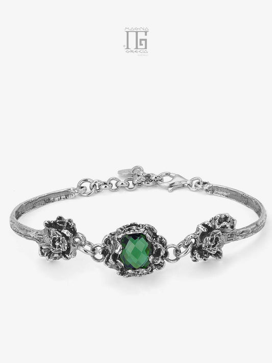 Bracciale in Argento con Maschere Apotropaiche e Pietra Idrotermale di Colore Verde Cod. MGK 4176 V