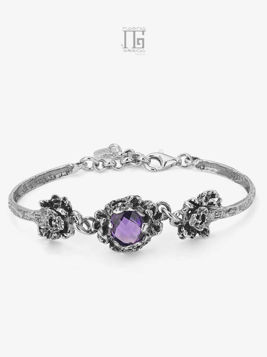 Bracciale in Argento con Maschere Apotropaiche e Pietra Idrotermale di Colore Ametista Viola Cod. MGK 4181 V