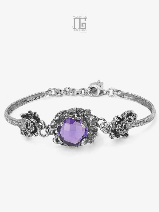 Bracciale in Argento con Maschere Apotropaiche e Pietra Idrotermale di Colore Ametista Viola Cod. MGK 4196 V