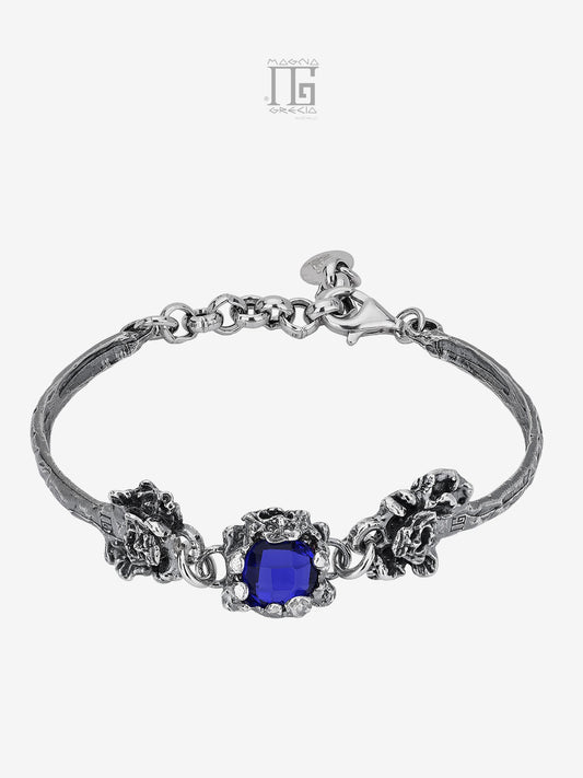 Bracciale in Argento con Maschere Apotropaiche e Pietra Idrotermale di Colore Blu Cod. MGK 4291 V