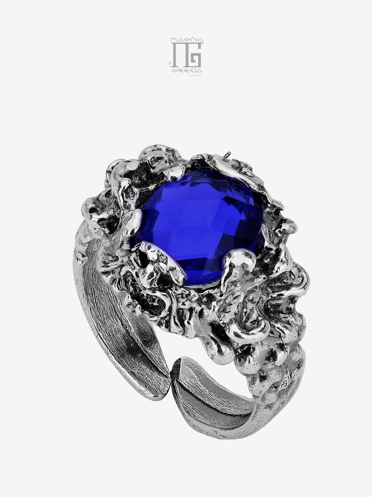 Anello in Argento con Maschera Apotropaica e Pietra Idrotermale di Colore Blu Cod. MGK 4295 V