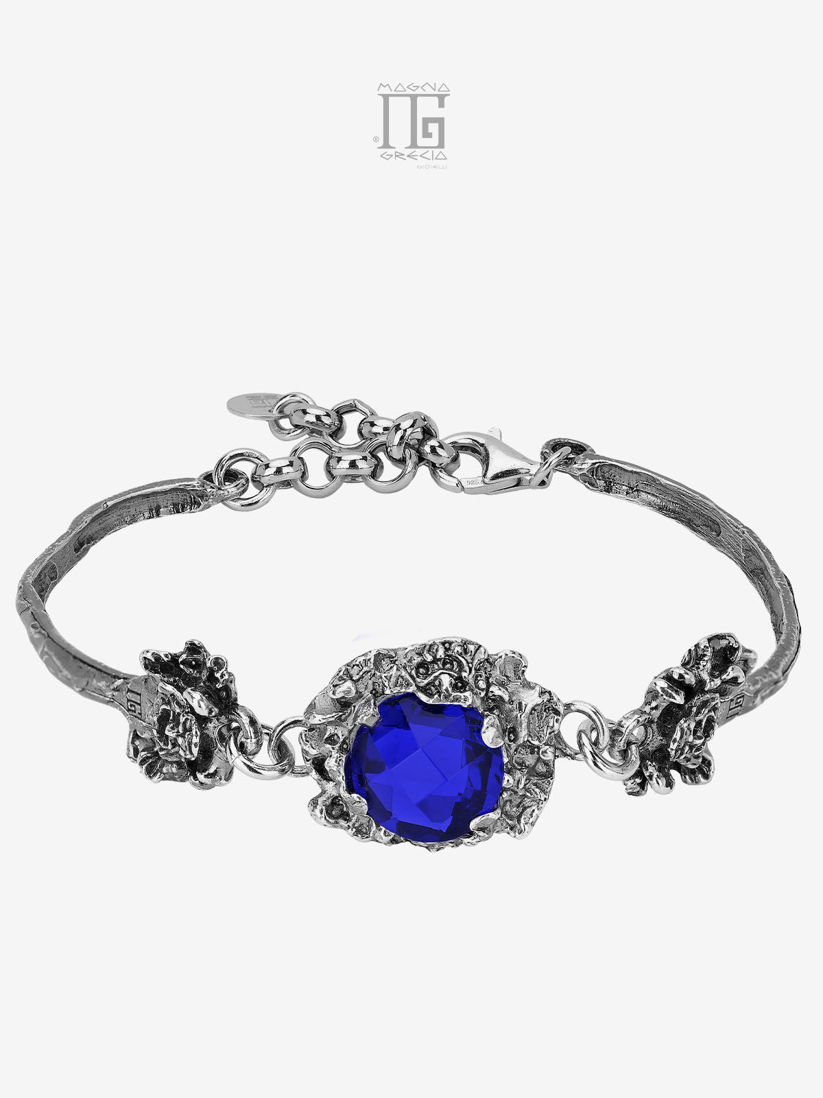 Bracciale in Argento con Maschere Apotropaiche e Pietra Idrotermale di Colore Blu Cod. MGK 4301 V