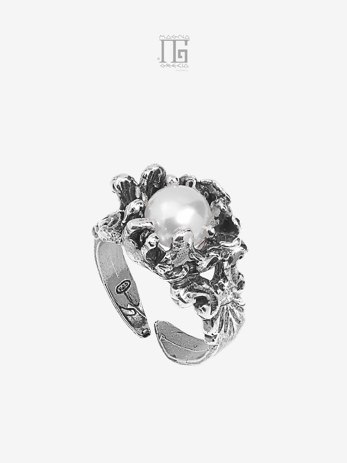 Anello Magna Grecia® Antica Grecia in argento 925 con perla coltivata bianca e lavorazione scultorea regolabile