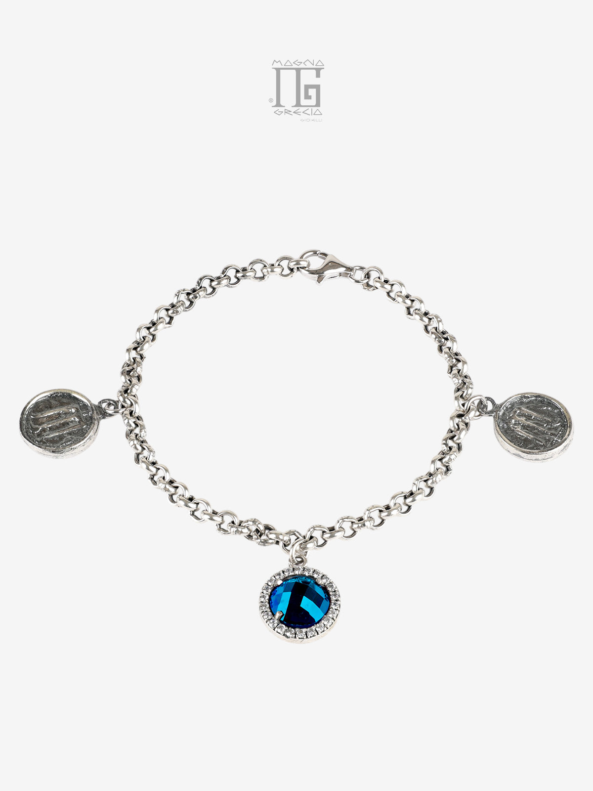 Bracciale in argento 925 con cristallo blu zirconi e statere dell’antica Kroton con tripode sacro