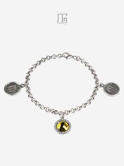 Bracciale in argento 925 con cristallo giallo zirconi e statere dell’antica Kroton con tripode sacro