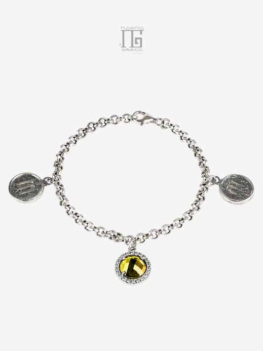 Bracciale in argento 925 con cristallo giallo zirconi e statere dell’antica Kroton con tripode sacro