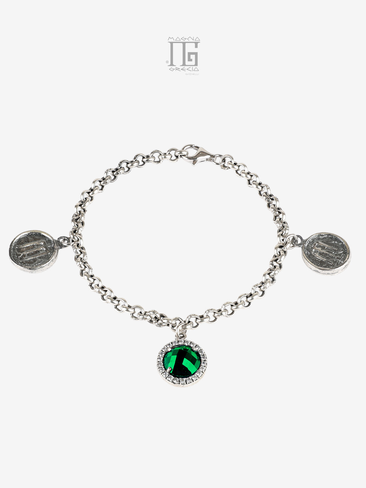 Bracciale in argento 925 con cristallo verde zirconi e statere dell’antica Kroton con tripode sacro