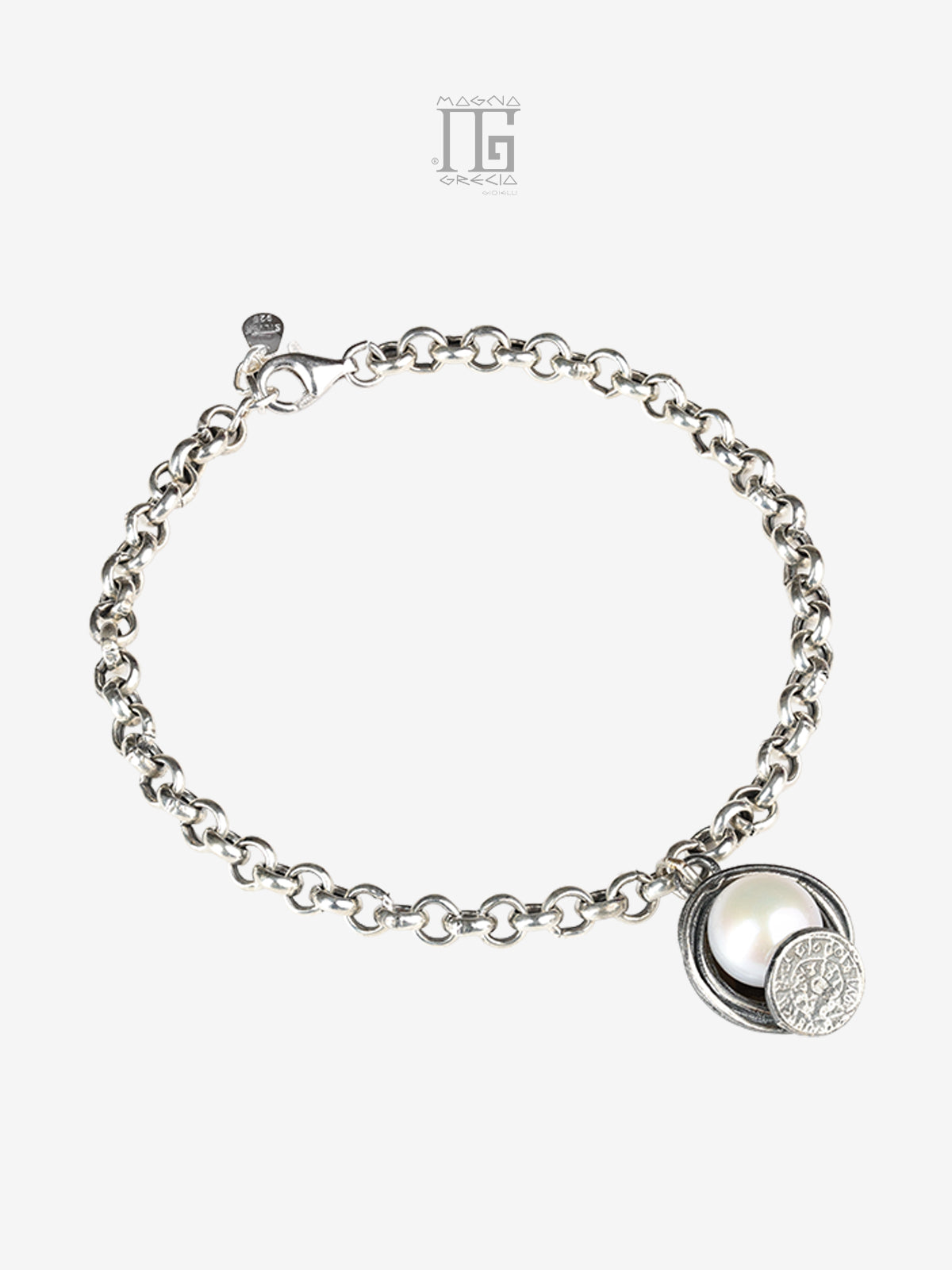 Bracciale in argento 925 con perla d'acqua dolce e Disco di Festo collezione Aion Magna Grecia Gioielli