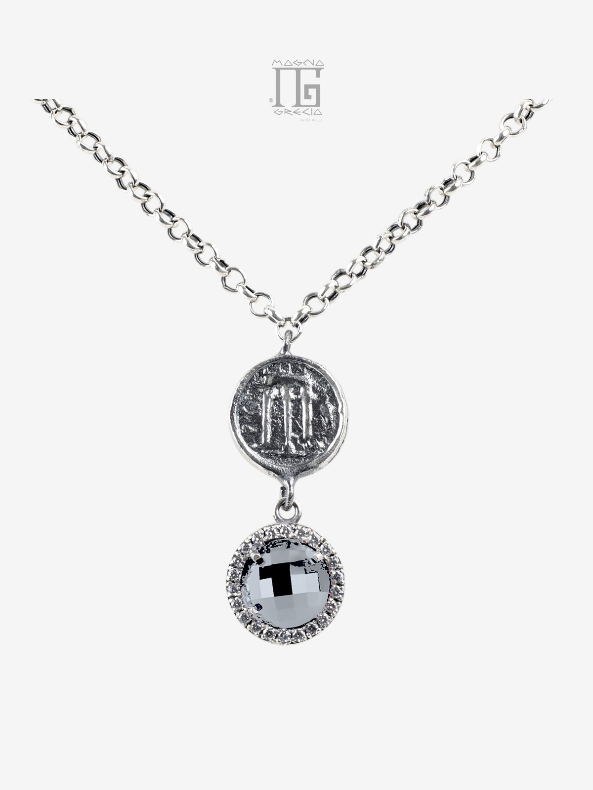 Collana Antica Grecia in argento 925 con cristallo azzurro ultra trasparente e zirconi