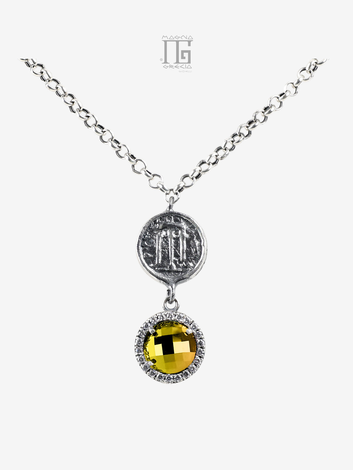 Collana in argento 925 con cristallo giallo zirconi e statere dell’antica Kroton con tripode sacro