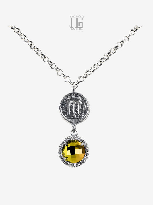 Collana in argento 925 con cristallo giallo zirconi e statere dell’antica Kroton con tripode sacro