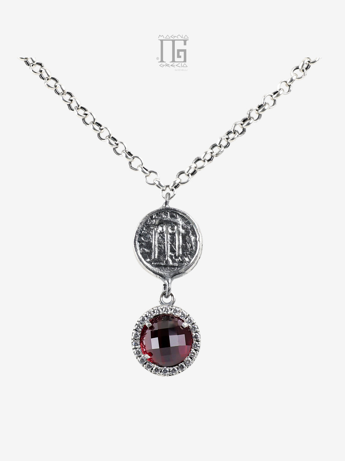Collana in argento 925 con cristallo rosso zirconi e statere di Kroton con tripode sacro