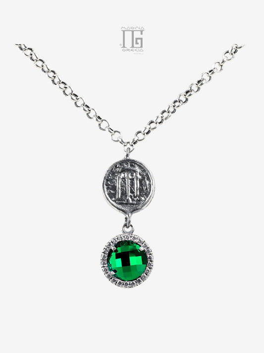 Collana in argento 925 con cristallo verde zirconi e statere dell’antica Kroton con tripode sacro