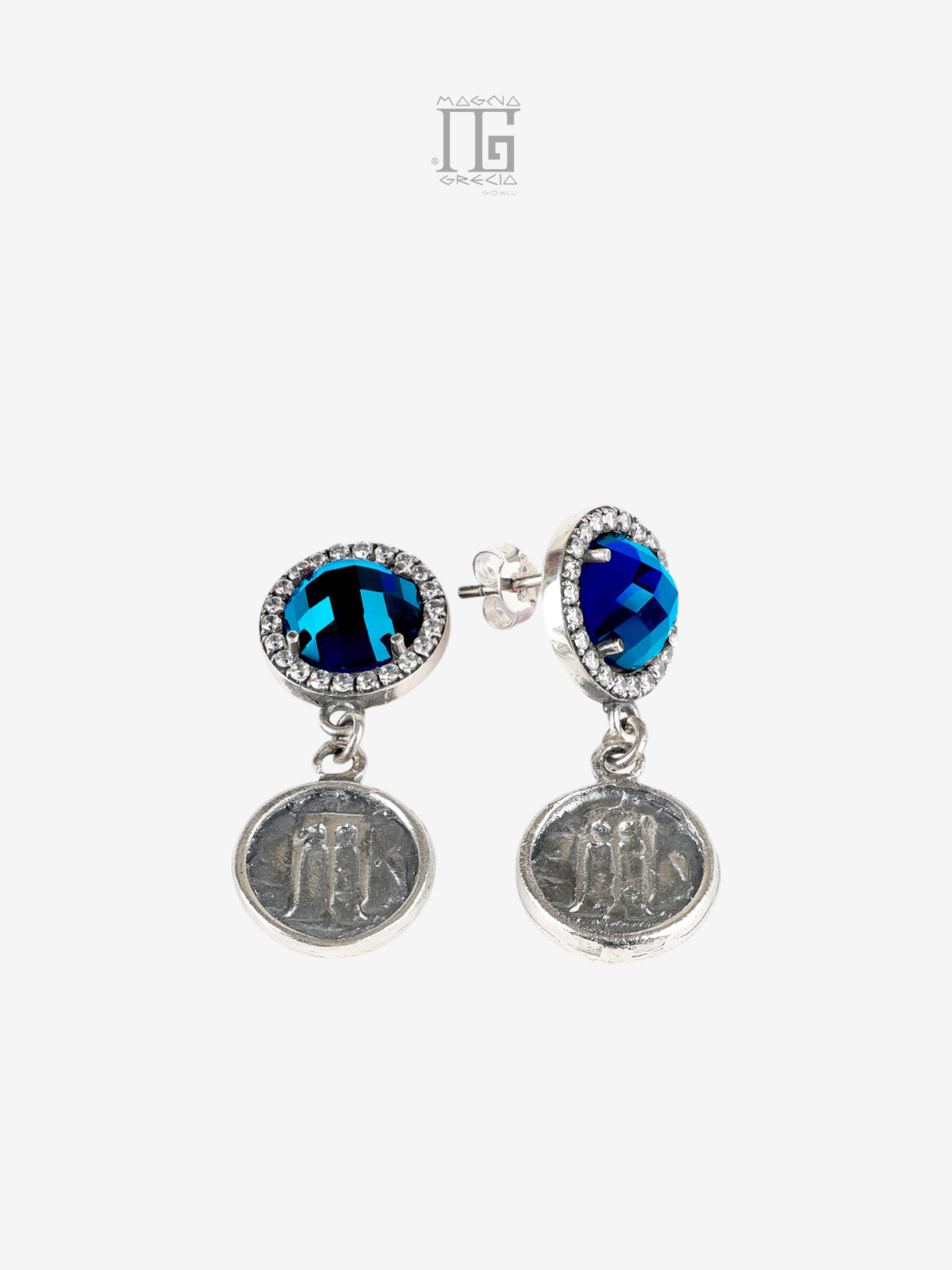 Orecchini in argento 925 con cristallo blu zirconi e statere di Kroton