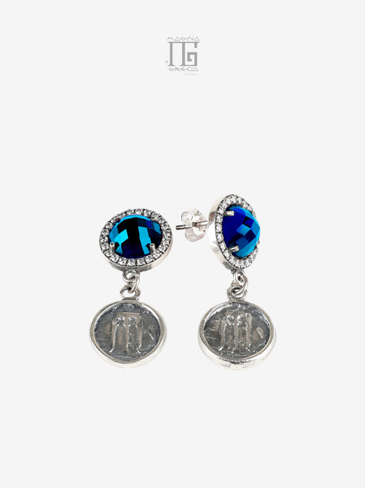 Orecchini in argento 925 con cristallo blu zirconi e statere di Kroton