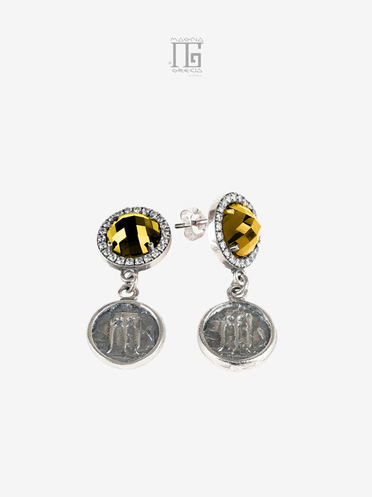 Orecchini in argento 925 con cristallo giallo zirconi e statere di Kroton
