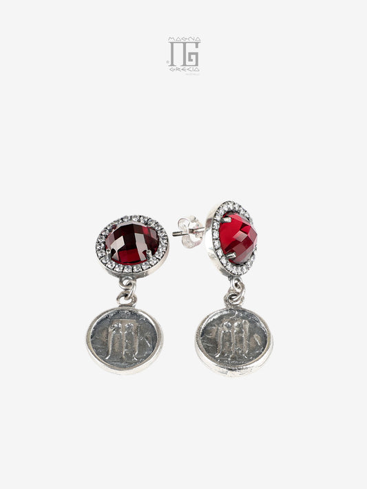 Orecchini in argento 925 con cristallo rosso zirconi e statere di Kroton