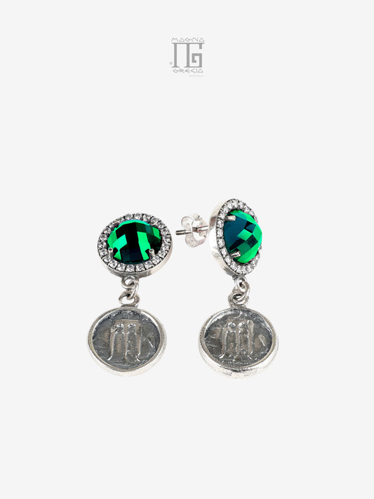 Orecchini in argento 925 con cristallo verde zirconi e statere di Kroton