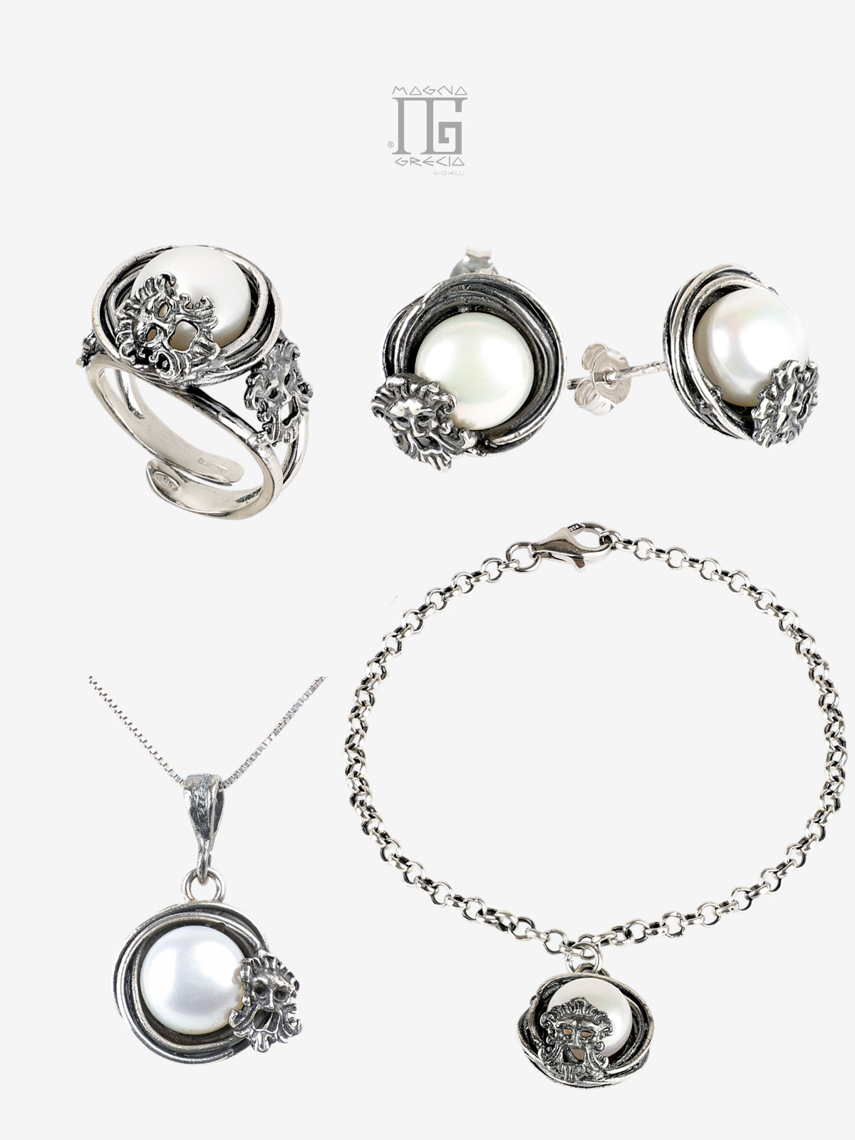 Parure Aion in Argento 925 con Perla e Maschere Apotropaiche