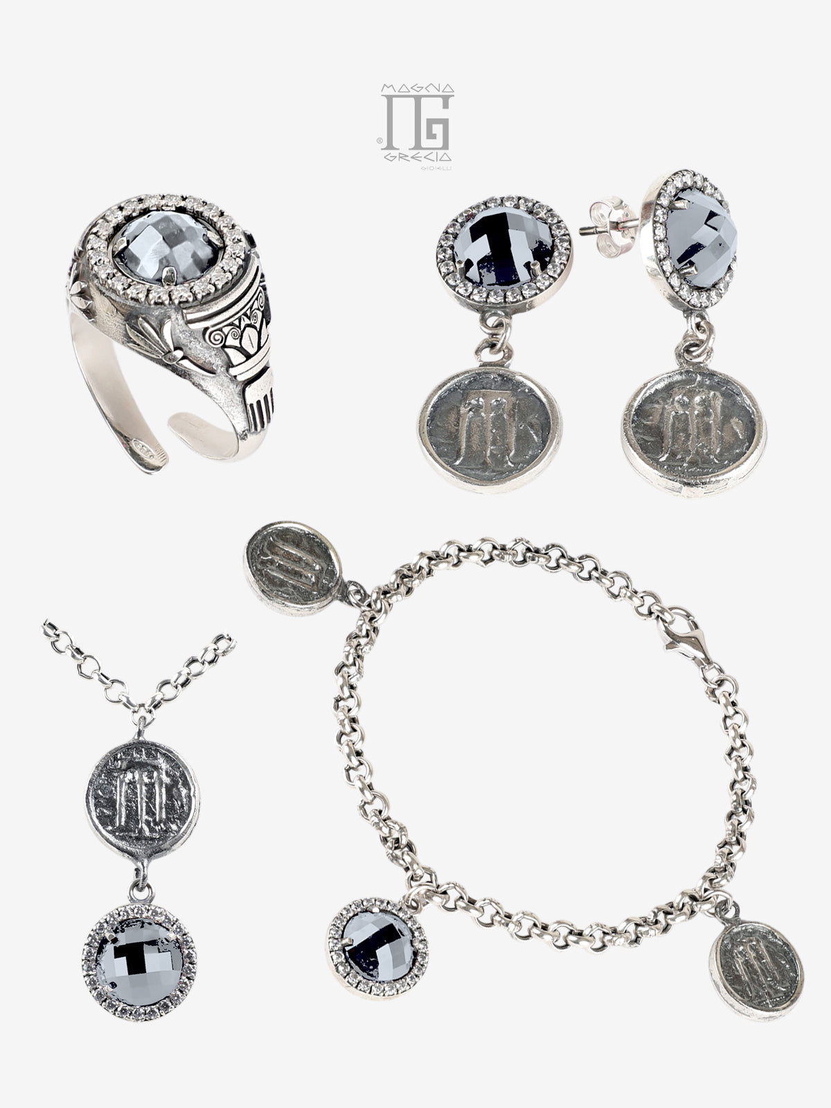 Parure Antica Grecia in Argento 925 con Statere di Kroton e Cristallo Azzurro Ultra Trasparente