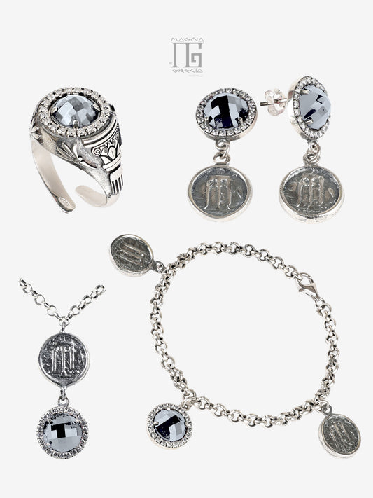 Parure Antica Grecia in Argento 925 con Statere di Kroton e Cristallo Azzurro Ultra Trasparente