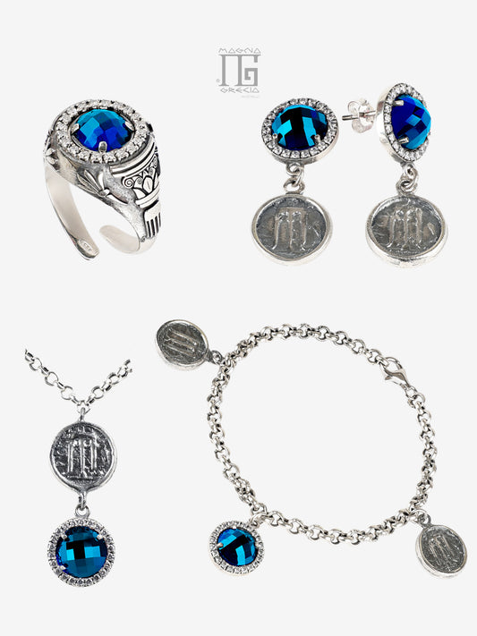 Parure Antica Grecia in Argento 925 con Statere di Kroton e Cristallo Blu