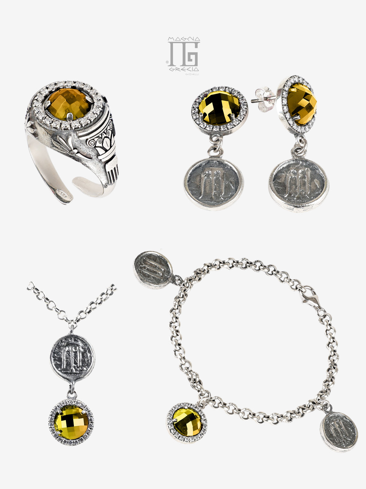Parure Antica Grecia in Argento 925 con Statere di Kroton e Cristallo Giallo