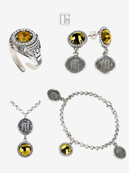 Parure Antica Grecia in Argento 925 con Statere di Kroton e Cristallo Giallo