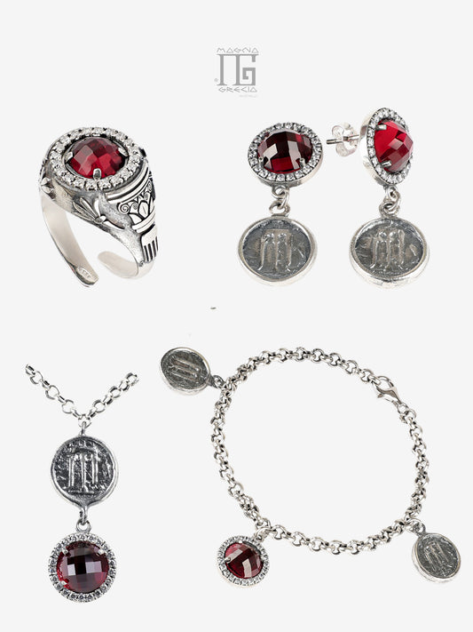 Parure Antica Grecia in Argento 925 con Statere di Kroton e Cristallo Rosso