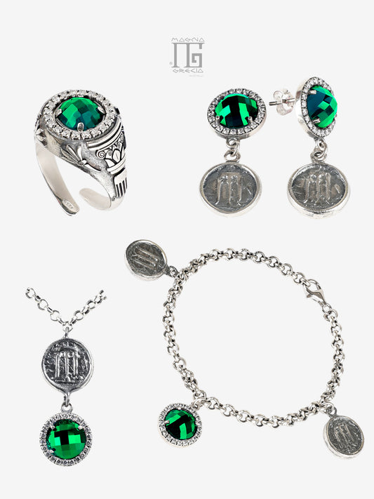 Parure Antica Grecia in Argento 925 con Statere di Kroton e Cristallo Verde